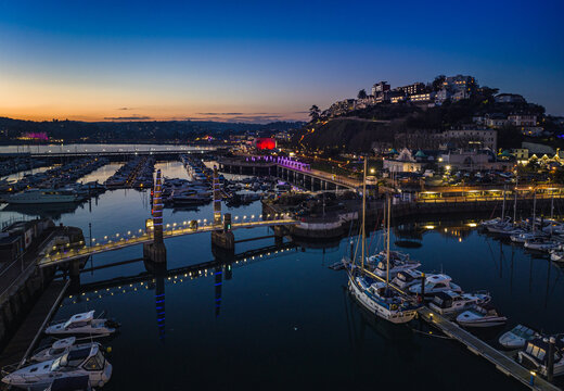 Night over Torquay Marina from a drone, English Riviera, Torbay, Devon, England, Europe	