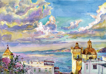 Watercolor painting of the old city landscape. Ischia Italy. Seaview. - obrazy, fototapety, plakaty