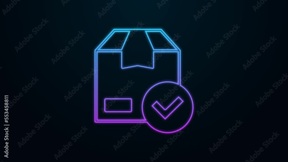 Poster glowing neon line package box with check mark icon isolated on black background. parcel box with che