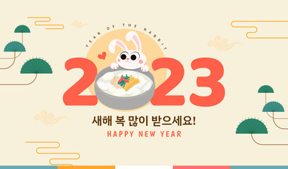 Seollal Korean new year 2023 greeting card vector design. Rabbit with Tteokguk (Rice cake soup). Korean Translation: 