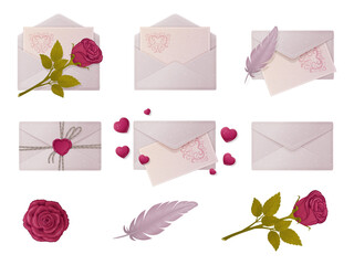 A set of envelopes with love letters. Valentines Day collection, Isolated objects on a white background. Vector illustration. Love Story.