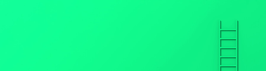 green staircase on green background. Staircase stands vertically near wall. Way to success concept. Horizontal image. Banner for insertion into site. 3d image. 3D rendering.