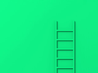 green staircase on green background. Staircase stands vertically near wall. Way to success concept. Horizontal image. 3d image. 3D rendering.