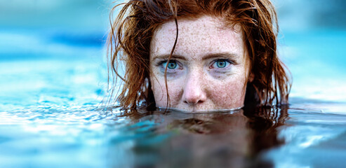 portrait of sexy, young red haired woman with freckles and red wet hair, in turquoise spa pool...