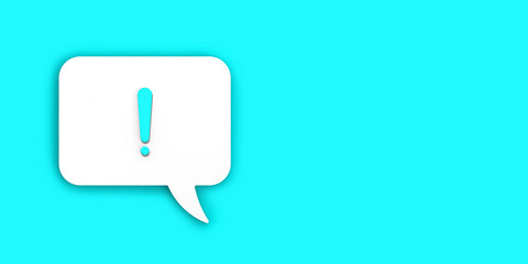 blue exclamation mark on a white message board. Alarm signal in the phone. Danger alert. Message on a blue background. Horizontal image. Banner for insertion into site. 3D image. 3D rendering.