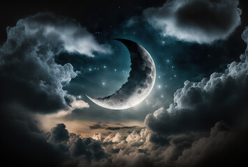 Full moon and crescent in cloudy night sky. Generative AI
