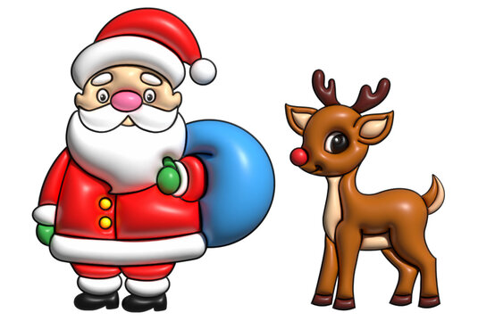 Santa Claus with deer and Christmas presents. 3d vector icon. 3d illustration 3d render