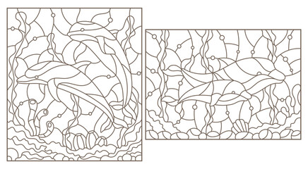 A set of contour illustrations of stained glass Windows with dolphins on the background of the seabed , dark contours on a white background
