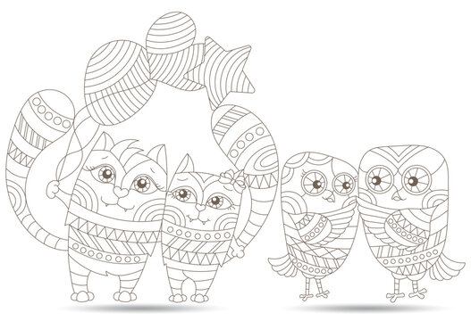 A set of contour illustrations in the style of stained glass with cute cartoon owls and cats, dark contours isolated on a white background