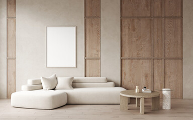 3d rendering of modern living room with white sofa coffee table, lamp, decorative wall with embossed panels, wooden floor.Empty white frame for picture or art on wall. Frame mockup. 3d rendering