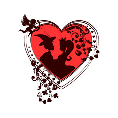 Red heart with boy and girl silhouettes.