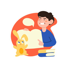 A young boy teaches a little rabbit, he lives a lot of books. The guy talks to animals.The teacher in the classroom.The concept of the methodology of training, advanced training or teaching.