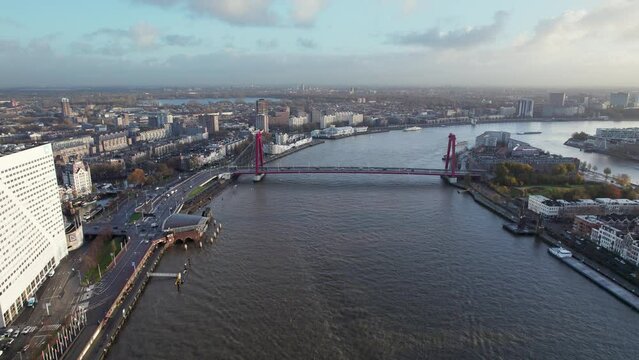 Flying Towards Willemsbrug Over Nieuwe Maas In The Centre Of Rotterdam, Netherlands. Aerial Drone Shot