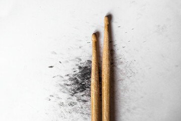 Drumsticks for drum live perfomance closeup. Wooden musical sticks for percussion instruments