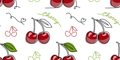 Vector cherry seamless pattern. Hand drawn illustration of summer fruit. One continuous line art drawing of cherry pattern
