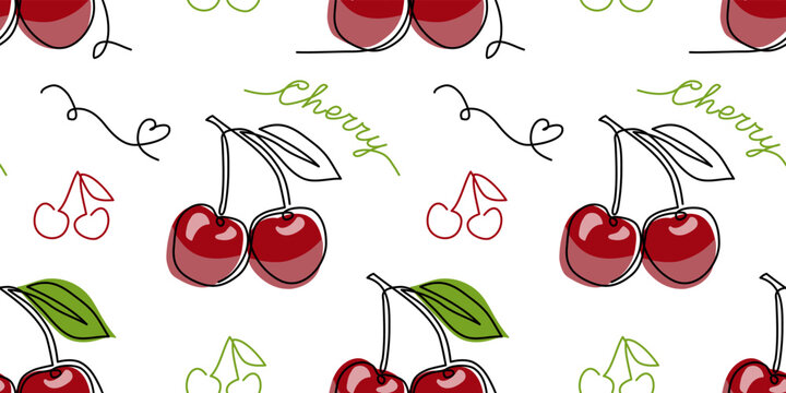 Vector cherry seamless pattern. Hand drawn illustration of summer fruit. One continuous line art drawing of cherry pattern