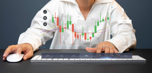 Businesswoman,marketing concept connected globally wireless communication, graph screen showing business growth through digital network,finance,investment, information, planning and development succes