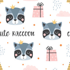cartoon cute raccoon seamless pattern vector illustration