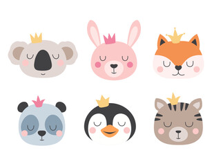 set with cartoon head of animals, print for kids