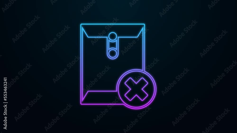 Poster glowing neon line delete envelope icon isolated on black background. delete or error letter. cross o