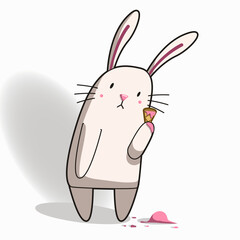 the cute rabbit is sad. ice cream fell