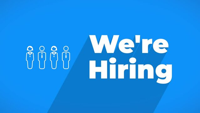 We're hiring text animation on blue background