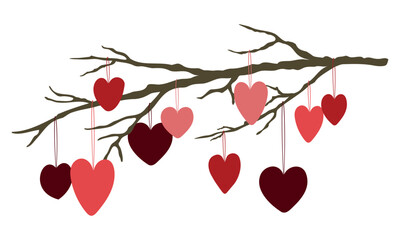 Valentines Day card design. Tree branch with hanging colored hearts