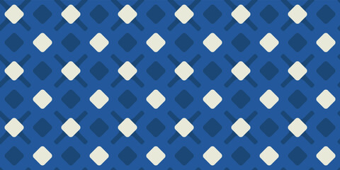 Blue and white diamonds match with crosses. Vector decor and print, stylish design of seamless surfaces.