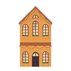 Winter building facade with Christmas decoration, garland and cozy windows. Architecture with Christmas ornament. Flat vector illustration isolated on white background