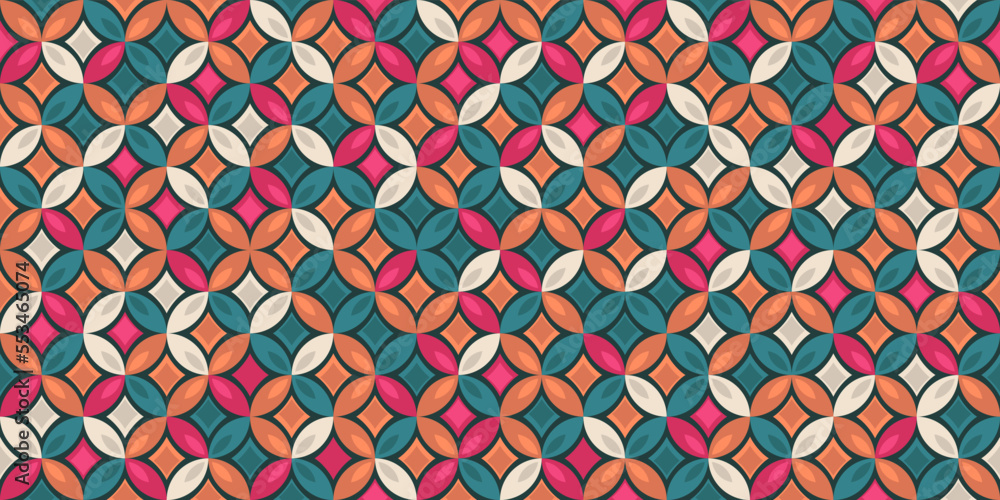Poster Colored petals and rhombuses. Four petals creates a multicolored texture. Vector decor and print, stylish design of seamless surfaces. Geometric pattern.