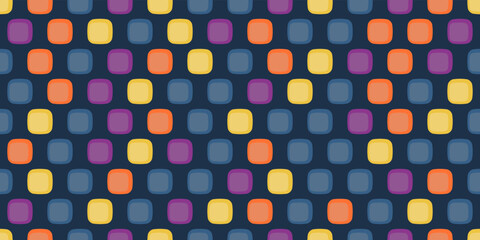 Colored rounded tiles arranged in the form of honeycombs. Blue, orange and yellow shapes fill the background texturally. Vector decor and print, stylish design of seamless surfaces.