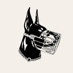 Portrait of a Doberman dog. Black dog's head. Calm dog with metal muzzle and chain collar. Hand drawn modern isolated Vector illustration. Tattoo idea, t-shirt print, dog training logo template