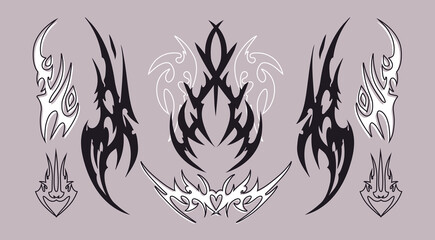 Neo Tribal ornaments set. Abstract ethnic shapes. Hand drawn modern Vector illustration. Isolated design elements, tattoo idea templates. 