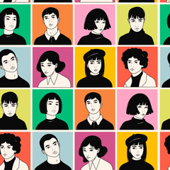 Portraits of Teenage boys and girls. Young people look at the camera. Cute characters. Cartoon comic asian style. Hand drawn trendy Vector illustration. Square seamless Pattern, background, wallpaper