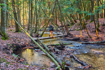 Hiker crossing small bridge over creek in forest during late fall