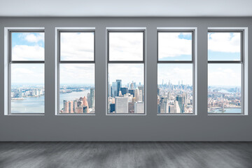 Naklejka na ściany i meble Downtown New York Lower Manhattan City Skyline Buildings from High Rise Window. Beautiful Expensive Real Estate. Empty room Interior Skyscrapers View Cityscape. Financial district. Day. 3d rendering.