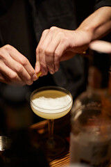 Fototapeta na wymiar Barman making a martini cocktail at a bar