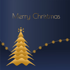 Merry Christmas greetings with Christmas tree in navy blue and gold