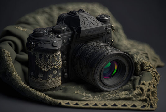 contemporary black camera up close. a digital camera with a large lens on lace and a military style clothing. technology and hobbies idea. Generative AI