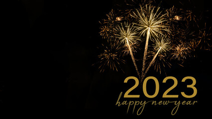 Happy new year 2023, Sylvester, new year's eve background banner holiday greeting card - Golden firework fireworks real pyrotechnics on dark black night sky