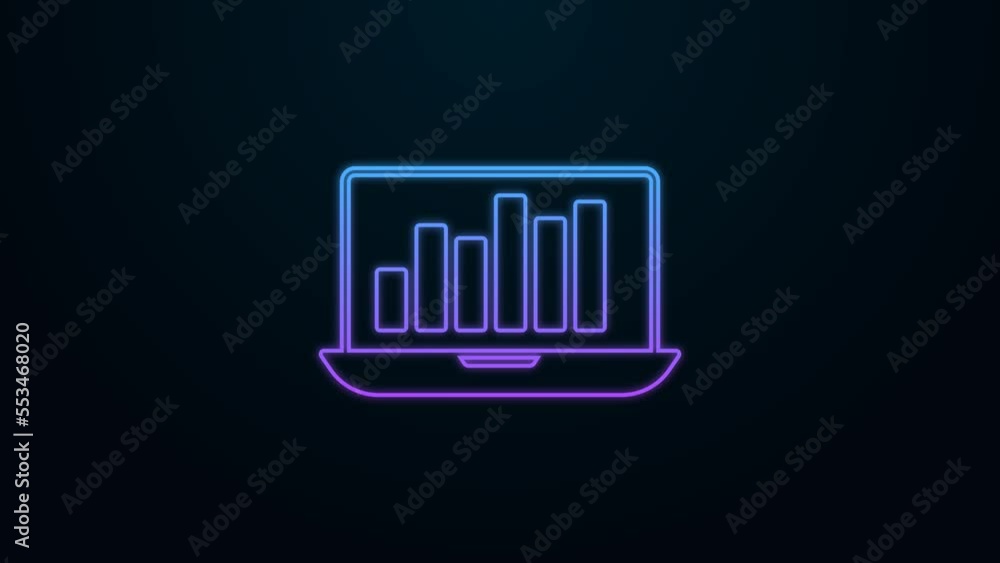 Poster glowing neon line laptop with graph chart icon isolated on black background. report text file icon. 