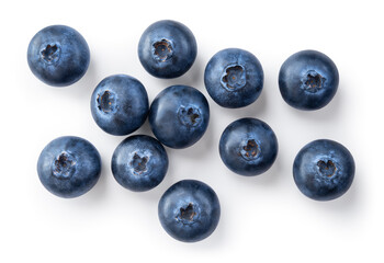 Blueberry isolated. Blueberries top view. Blueberry flat lay on white background with clipping path.