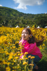 Naklejka na ściany i meble A woman wearing a pink dress is taking a walk in a yellow flower garden called Chrysanthemum during the day. At Pak Thong Chai District, Thailand 4-12-2022