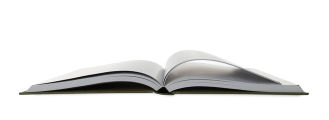 Open book with hard cover on white background