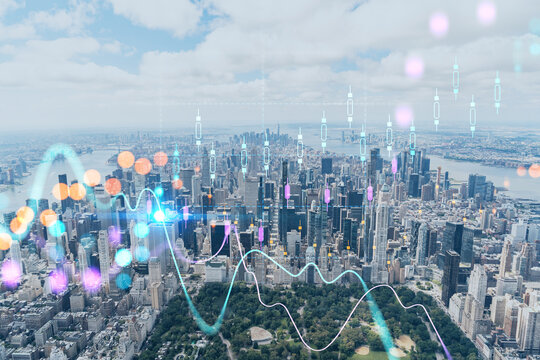 Aerial panoramic helicopter city view of Midtown Manhattan neighborhoods and Central Park, New York, USA. Forex graph hologram. The concept of internet trading, brokerage and fundamental analysis