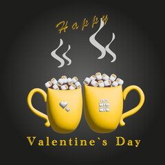 Happy Valentine's Day cups cocoa coffee marshmallow heart present gift black gold 3d