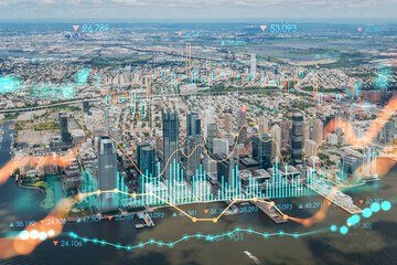 Plakat Aerial panoramic helicopter city view of New Jersey City financial Downtown skyscrapers. Forex graph hologram. The concept of internet trading, brokerage and fundamental analysis