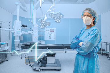 Hispanic female surgery doctor with background of hospital empty operation room