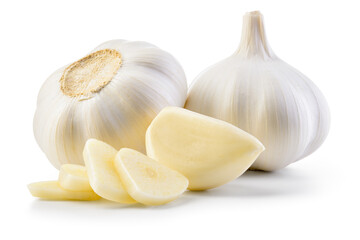 Garlic bulb and clove isolated. Garlic bulbs with sliced cloves on white background. White garlic...