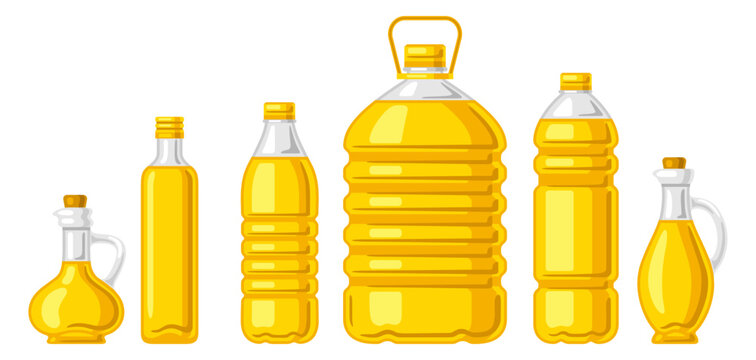 Illustration of bottles with sunflower oil. Image for culinary and agriculture.